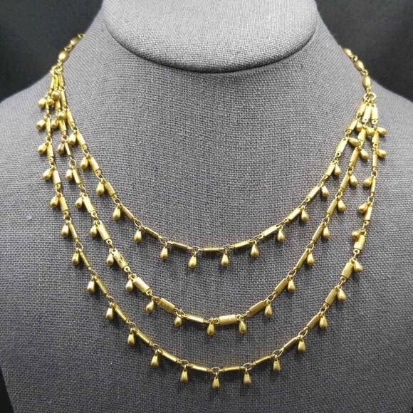 Boho Layered Necklace, Three Strands, Tear Drop Dangles, Gold Tone, 18 Inches - Picture 1 of 8